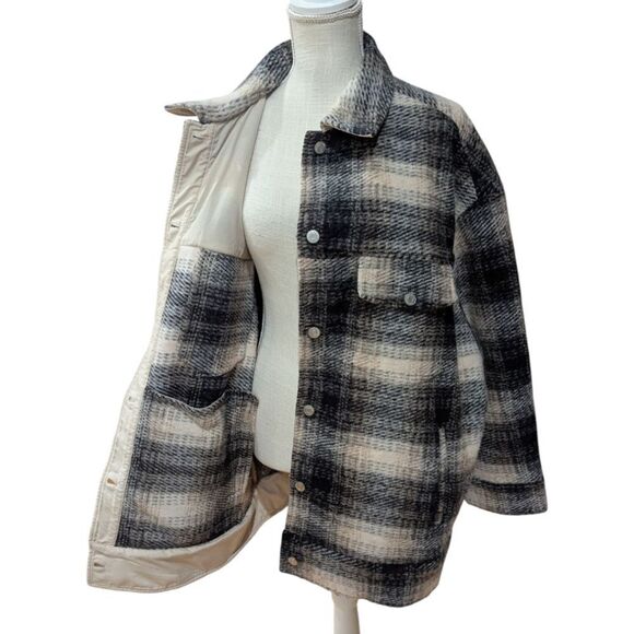 Gap Women's 2XL Wool Relaxed Shirt Jacket in neutral tan plaid - Picture 7 of 12